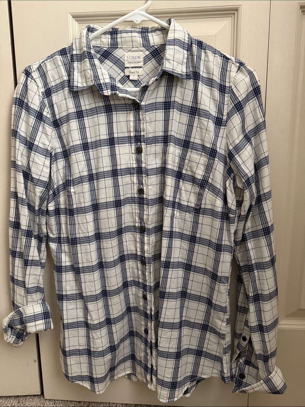 J. Crew White and Navy Plaid Casual Button-Down Shirt